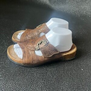 Think! Mizzi Face Brown Leather Laser Cut Slide Sandals 40 US 10 Cork Boho Artsy
